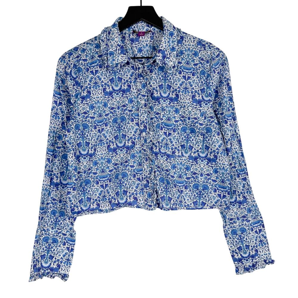 J.Crew Ruffle-Trim Button Up Crop Shirt in Liberty Fabric Blue Floral - S